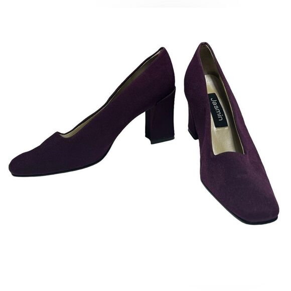 1980’s Vintage Jasmin Dark Purple Block Heels Closed Square Toe Leather Sole - Picture 3 of 11